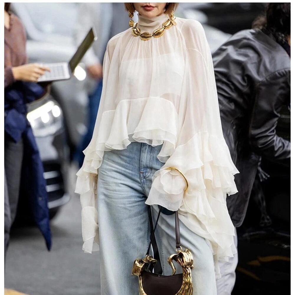 Stunning Ruffle Mesh Shirt With Multi Layered Bell Sleeve